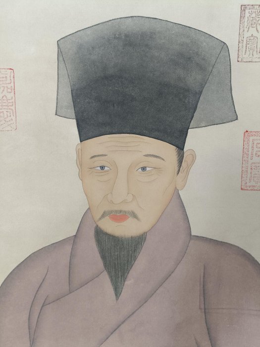 AH116【沈周】書法，純手繪人物小像絹本三尺中堂書法作品，裝裱尺寸258