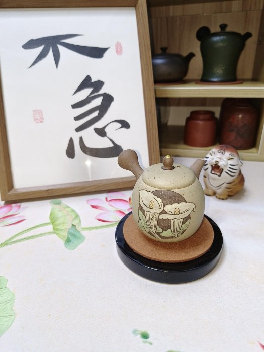 日本常滑燒朱泥伊藤成二甚秋甚秋陶苑手工壺雕刻壺側把急須側把壺