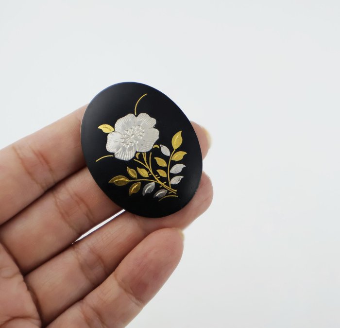 桑園の】稀有~日本大馬士革工藝純手工金銀象嵌銀杏/牡丹胸針吊墜別針