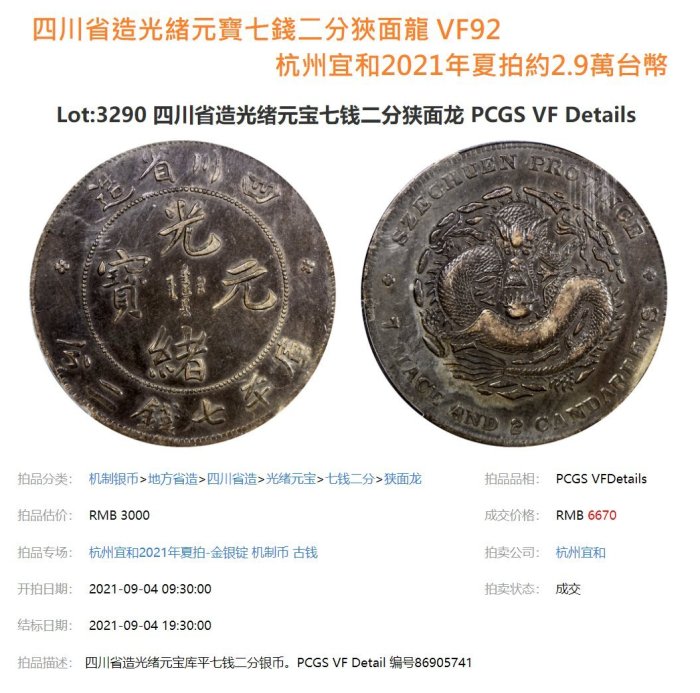 四川省造光緒元寶七錢二分PCGS鑑定VF(92) 狹面龍版[認證編號