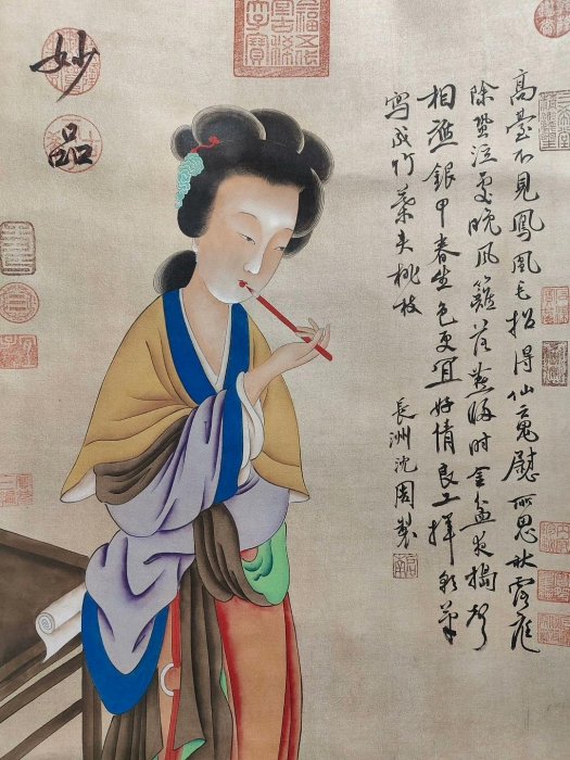 嚴選沈周風味純手工仕女圖中堂掛軸，三尺絹本藝術品客廳裝飾字畫中堂畫