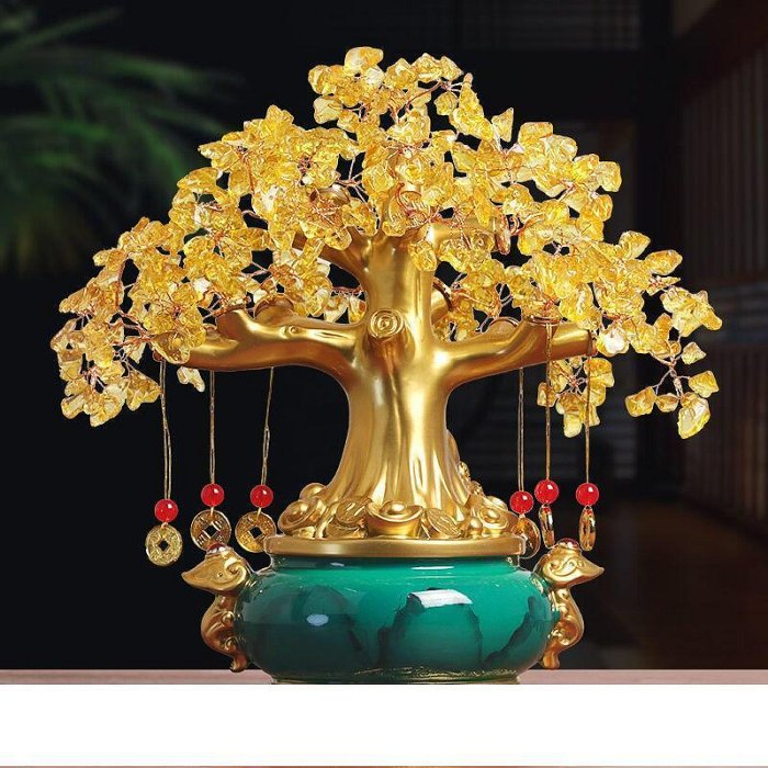 【締造】招財擺飾 開運飾品 創意開業禮品 黃水晶發財樹搖錢樹招財聚寶盆擺件辦公室店鋪酒柜裝飾品開業禮品