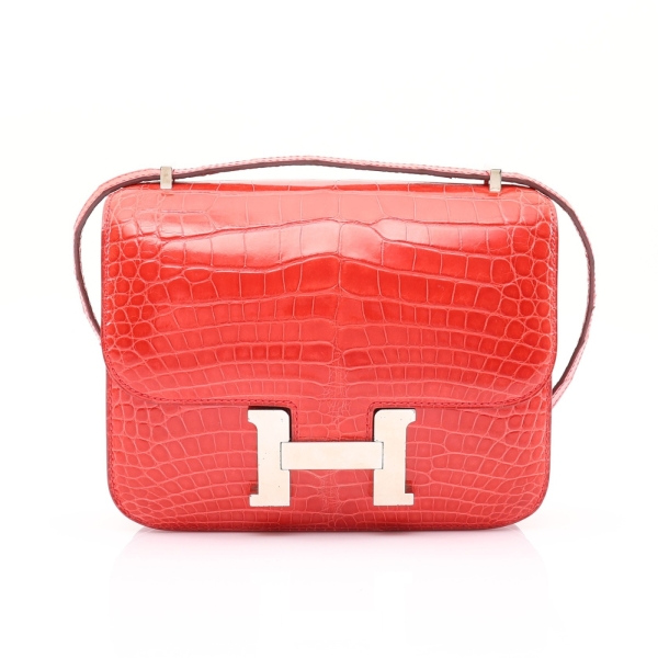 HERMES 愛馬仕 Mini Constance 康康包 天竺葵紅 Alligator鱷魚皮 銀扣 □Q刻 【二手名牌BRAND OFF】