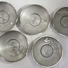 【宇】中国古玩 古錫造 象嵌入 覆輪付 蓮形茶托五客 時代 煎茶道具 DA065 清代 古錫輪花形茶托 5客揃（1616\u20131911CE） | 入蘆花（ロカニイル）