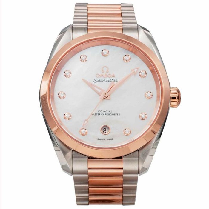 OMEGA 歐米茄 220.20.38.20.55.001 AquaTerra150 38mm 鑽石石刻 貝殼面盤 玫瑰K不銹鋼半金錶帶 機械錶 男錶女錶