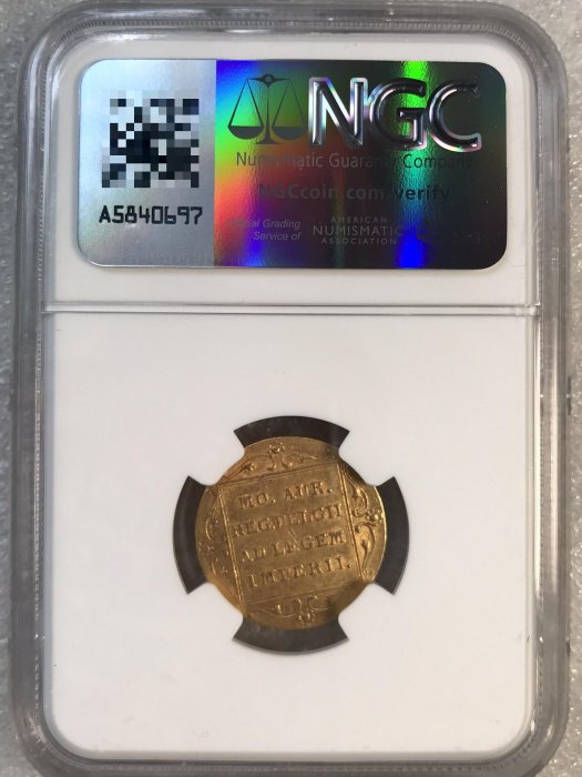 1828年荷蘭杜卡特金幣，聖彼得堡版，NGC AU58分，3.5克重，君主權杖
