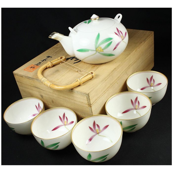 桑園の】稀有美品~日本香蘭社雙色蘭花薄胎美瓷提樑壺湯吞1壺5杯高級