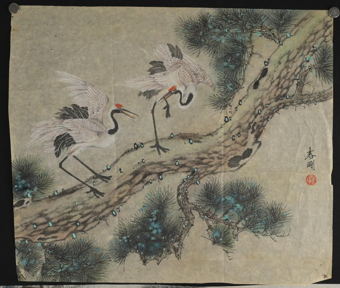 玖隆蕭松和挖寶網K》戰志剛松鶴延年/ 如英鳥松樹古代人像花卉彩墨畫共3