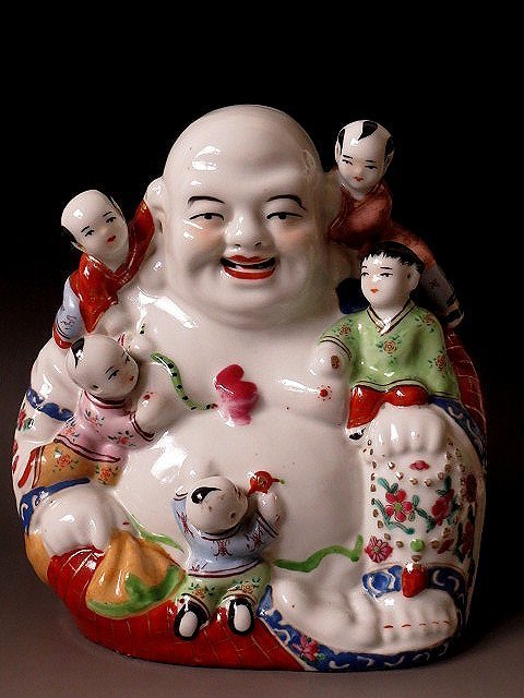 金王記拍寶網】( 常5) H382 民國粉彩彌勒佛五子登科彌勒佛坐像一尊老件