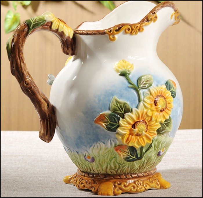 置物　器　小壺　花器 歐式古典風陶瓷手繪立體向日葵花器太陽花水壺造型蜜蜂花瓶居家佈置花盆