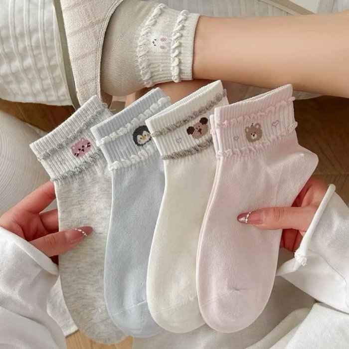 JC Shop 【5色】花邊小熊女襪 可愛動物棉襪 短襪 棉襪