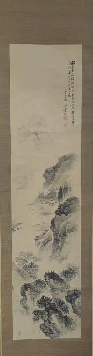 江口周五郎號雨堂1897年嚴選手繪水墨風景畫，紙本綾裱豆青瓷軸，畫工