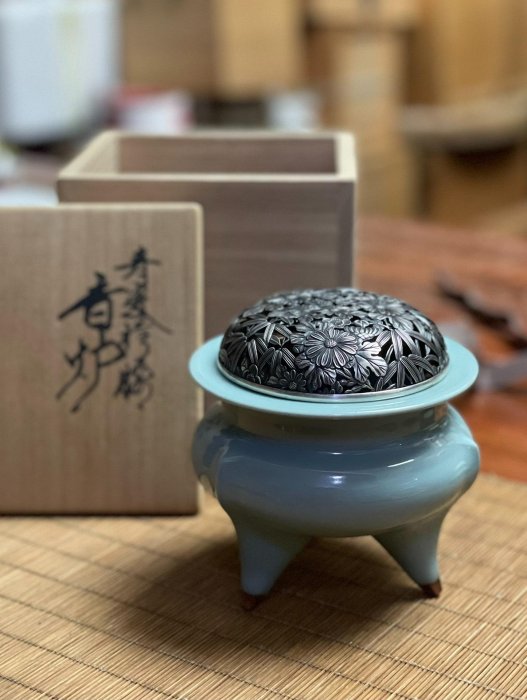 ◇SABI◇ 三代 諏訪蘇山 青磁 袴腰 香炉 純銀 四君子 肉彫 火