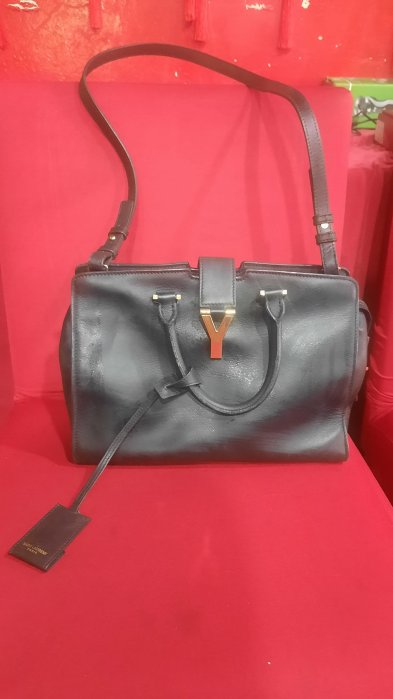 YSL CABAS 系列經典LOGO山羊皮深藍手提/斜背/肩背醫生包