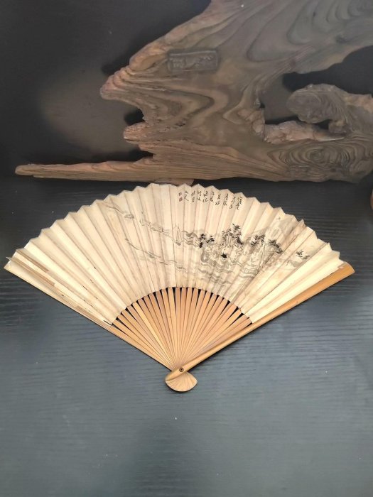 日本回流老摺扇竹扇骨紙扇面手繪山水書法扇骨竹制自然紋理扇面水墨山水