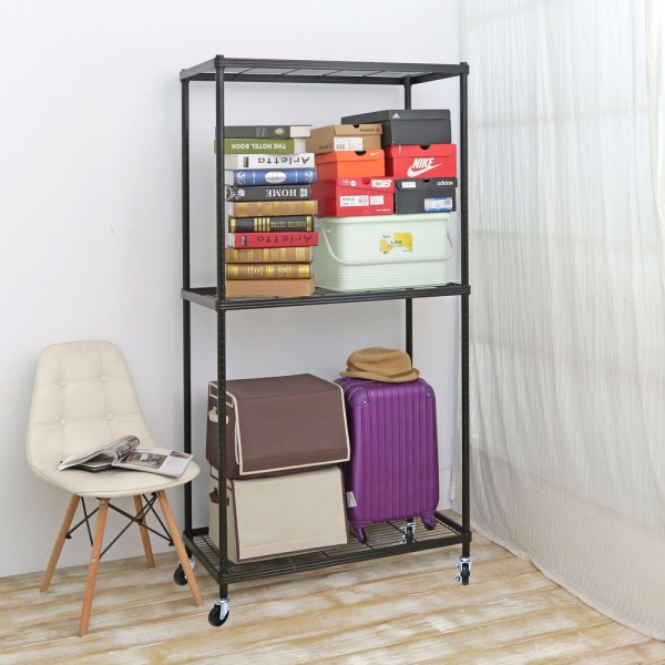 【品樂生活】45X90X158CM 包邊厚鐵框三層推車 烤漆霧黑/置物架/波浪架/收納架/鐵力士架