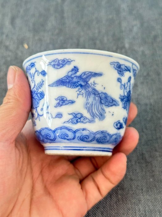 日本回流三其亭大正老青花茶杯手寫落款青花染付鳳凰畫片柴燒工藝手工拉