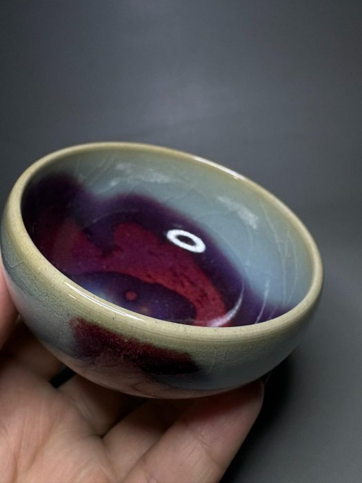 北宋宋代天藍釉鈞窯雞心泡碗，紅斑漚變老窯珍品，推薦品味收藏選品