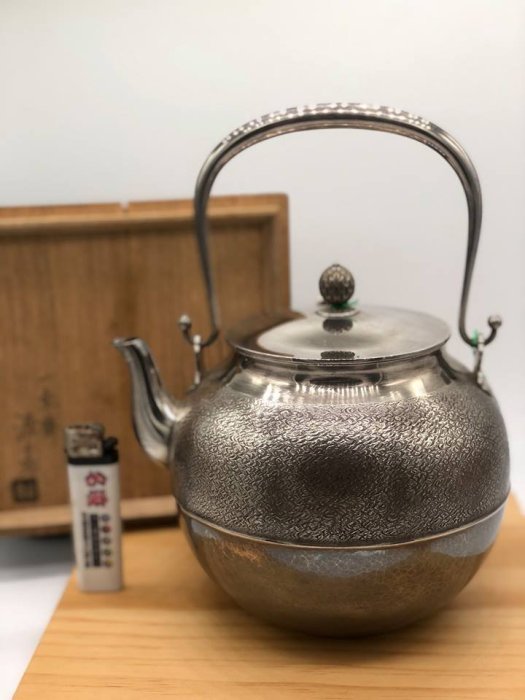 已結緣】日本老銀壺作家款/一東齋源三郎造槌目白銀壺1.6L 品項完整含供