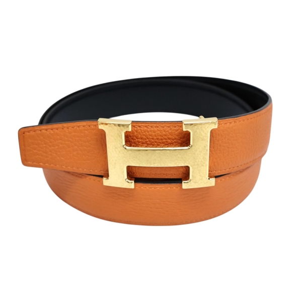 HERMES 愛馬仕 H 雙麵皮帶 Togo/Box牛皮 橘/黑色 85CM Z刻 金釦 【二手名牌BRAND OFF】