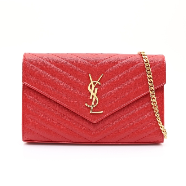 SAINT LAURENT YSL 聖羅蘭 Chain Wallet Cassandre 肩背包 愛神紅 牛皮 377828 【二手名牌BRAND OFF】