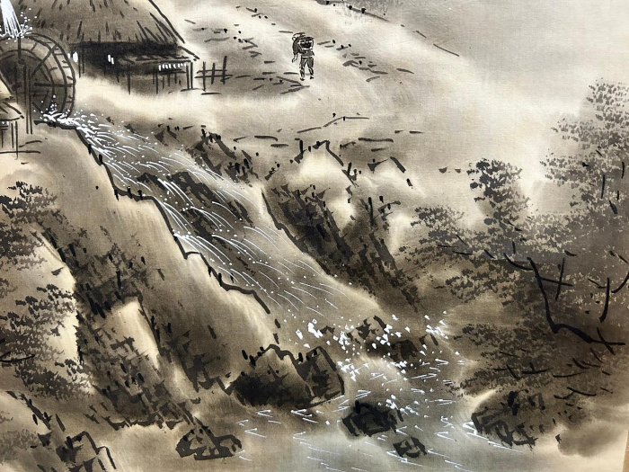 藏舊尋寶屋】老日本湖峯作落款「水墨山水圖」畫軸/掛軸《絹本·手繪