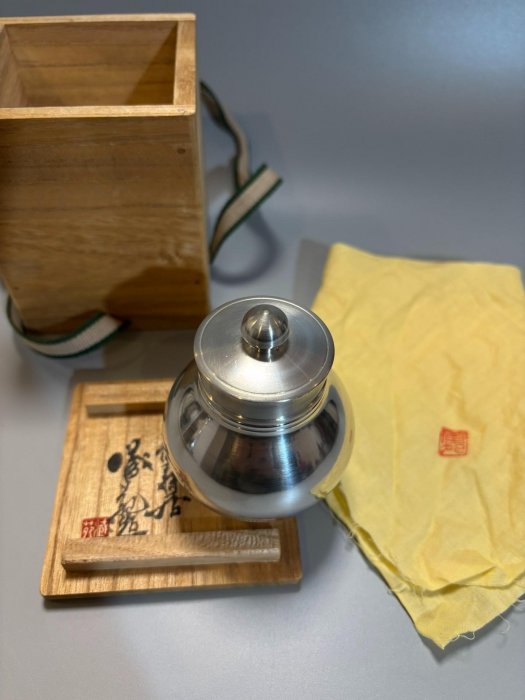 日本中古靜壽居辻井藏苑作卣式官帽型錫罐錫茶入錫茶葉罐純錫瑞祥官帽