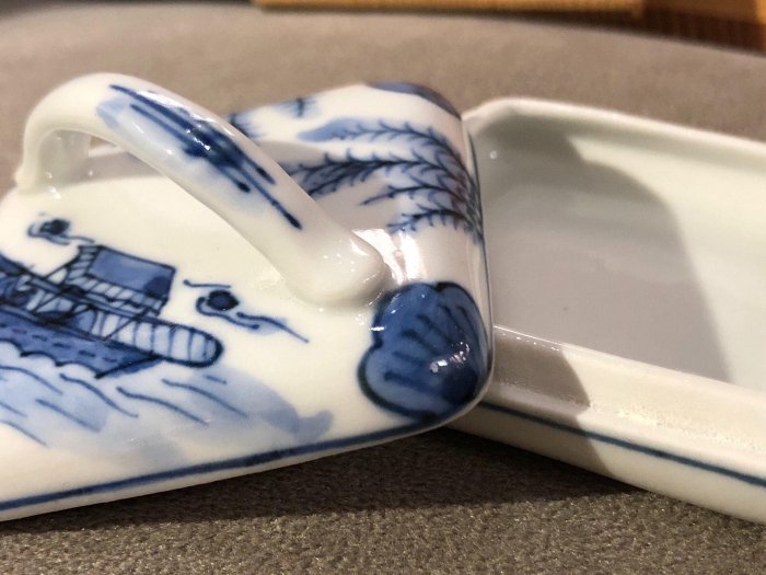 日本回流中古vintage京燒巨匠高野昭阿彌作染付青花香盒，手繪青花