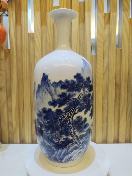 景德鎮青花山水細口瓶，江西省工藝美術師精心創作，高42嚴選純手工陶瓷