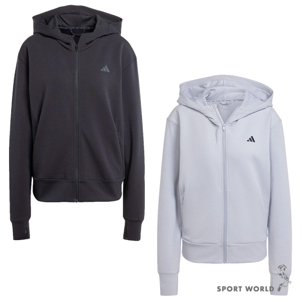 Adidas 連帽外套 女裝 排汗 拉鍊口袋 黑/灰紫【運動世界】JP2654/JP2651