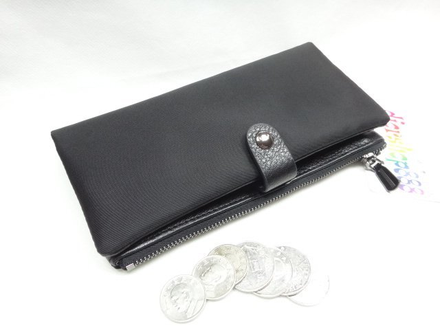 ＊迪奧小店＊BONNIE素面尼龍配真牛皮舌帶壓釦拉鍊長夾／錢包皮包／多功能實用皮件／勁爆特價／時尚黑