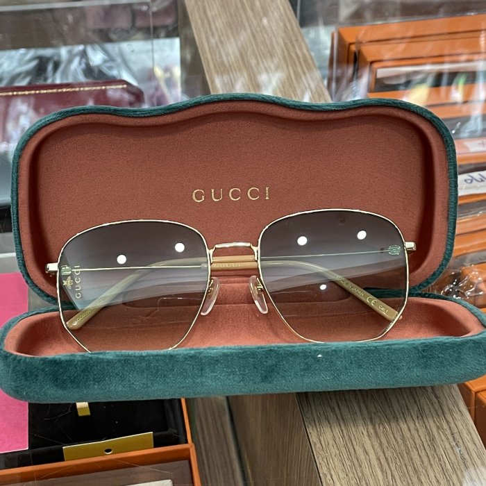 ☆最愛二手精品☆ GUCCI 綠色漸層鏡片金邊細框墨鏡眼鏡太陽眼鏡