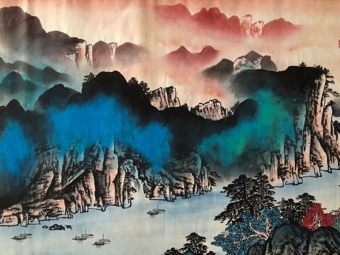 Z425【張大千】山水，六尺橫幅純手繪作品尺寸約：70*178cm左右未裝裱