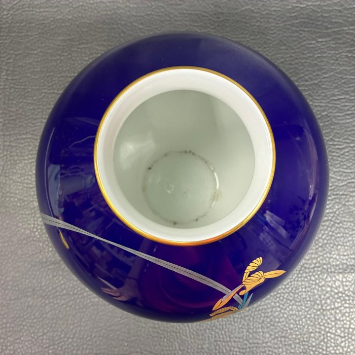 藏舊尋寶屋】老日本宮內廳御用瓷器香蘭社藍琉璃釉金彩春蘭花瓶花器附紙