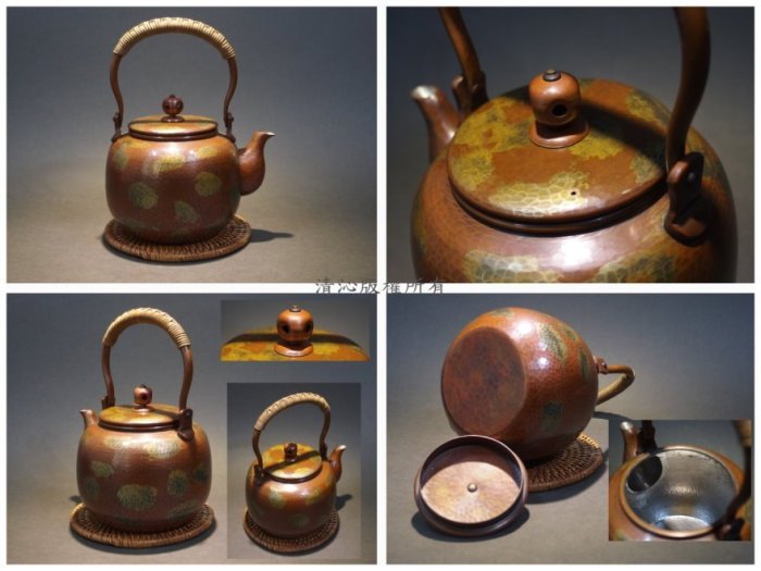 ☆清沁苑☆日本茶道具~鎚打銅器島倉堂宣德色瑬金鎚目銅壺銅瓶