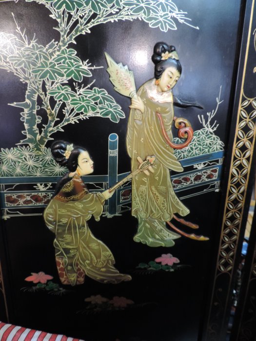 禎安丹雜藝~早期玉石美人圖漆器四連屏風鑲玉嵌寶梅蘭菊竹四君子繪畫