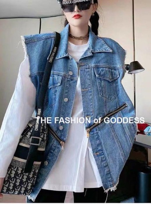 中性帥氣風allsaints款agnes b騎士風Izzue拉鏈設計dior牛仔外套sportmax無袖中長款背心adlv寬鬆supreme東大門Stussy