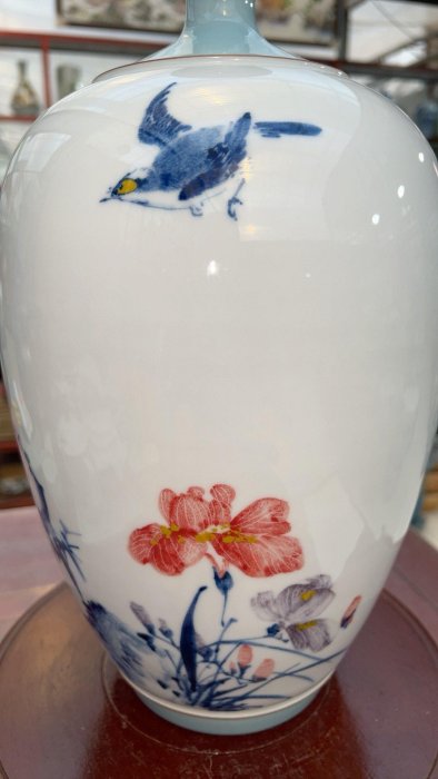 景德鎮青花五彩花瓶，涂玉平老師力作《春韻》，純手工繪製，發色純正