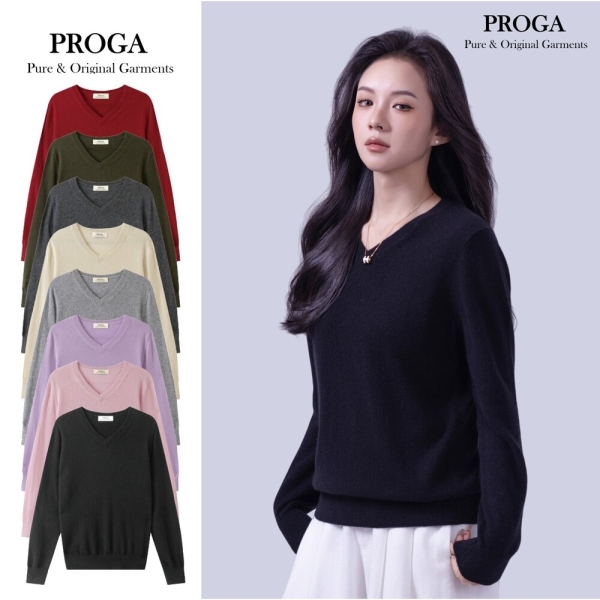 PROGA PRG25022 100%純Cashmere喀什米爾羊絨 V領針織長袖毛衣女 標準款(8色) 柔軟親膚 頂級奢華享受