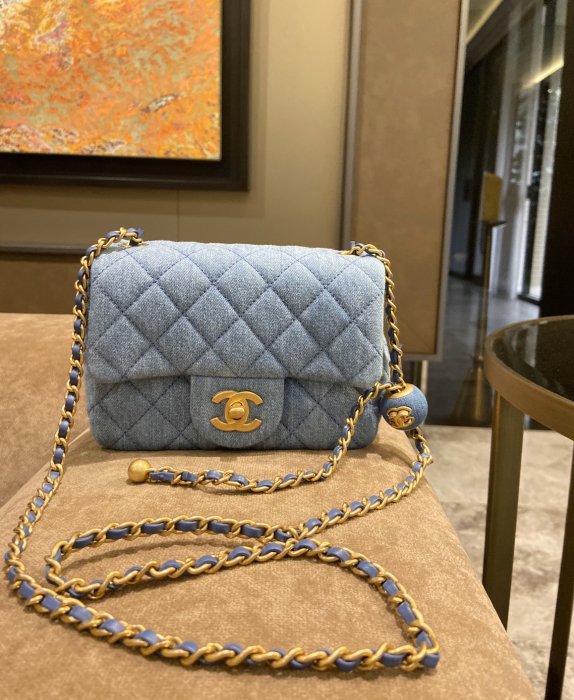 【COCO 精品專賣】CHANEL 爆款 單寧 牛仔 mini coco 17 方胖子 金球鍊 AS1786 現貨