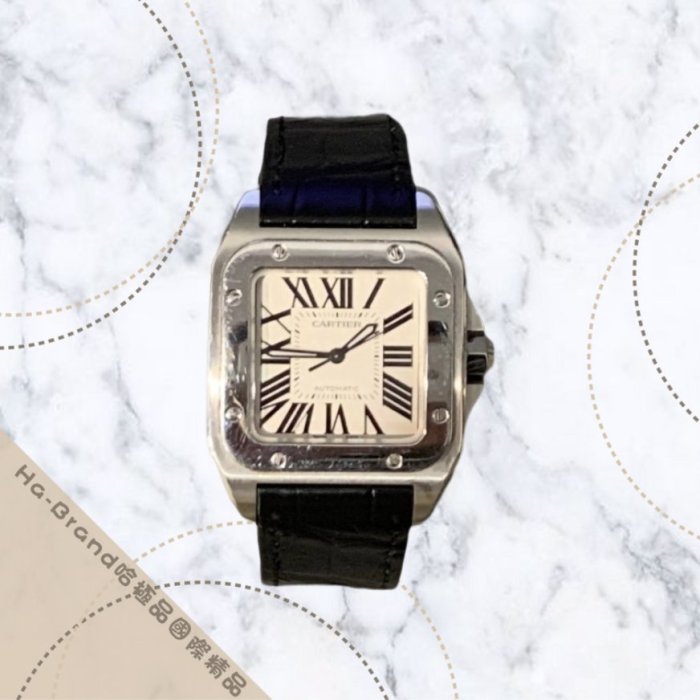 【哈極品】美品《Cartier 卡地亞 銀色santos100 中型 黑色皮帶機械錶/手錶》