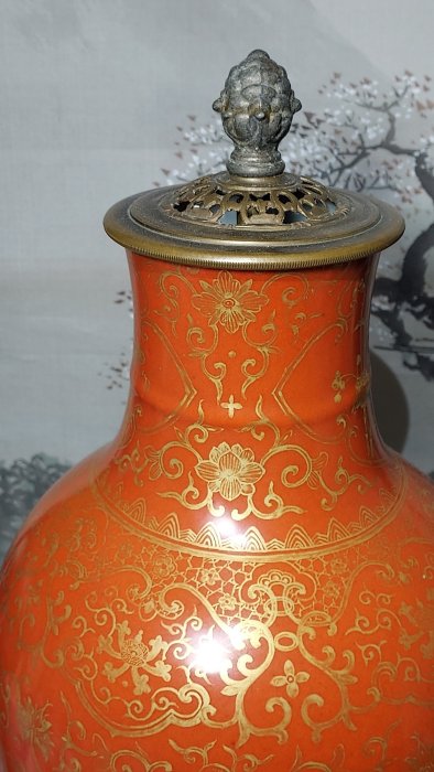 清代中期珊瑚紅描金觀音大瓶雙圈款| Yahoo拍賣