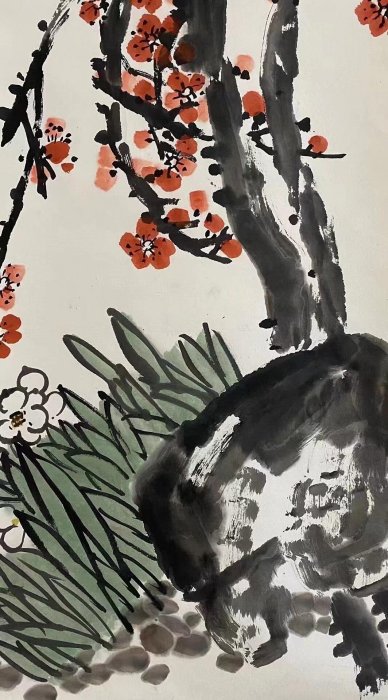 吳昌碩嚴選原裝裱掛幅，設色水墨紅梅水仙，典藏尺寸136×59cm 紙本深具