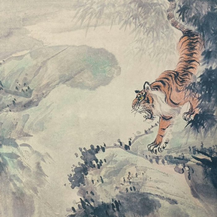 張大千】虎嘯山林三尺中堂畫帶證書防偽標識尺寸:70*173cm 畫芯尺寸:60