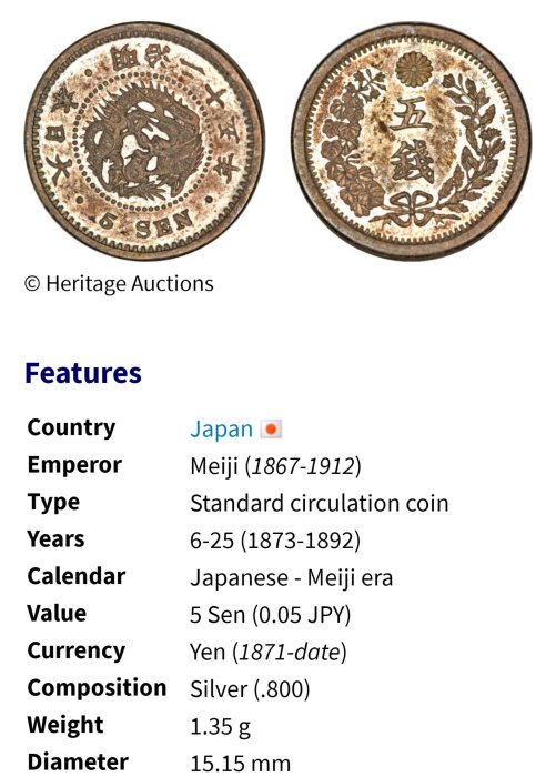 日本龍銀明治六年(1873年) 五錢5錢重1.33g 銀幣(80%銀) 1784 | Yahoo拍賣