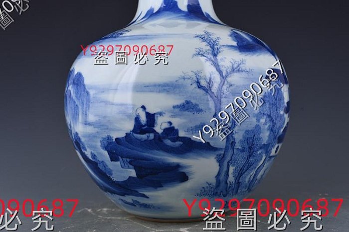 清康熙青花人物山水天球瓶45×30厘米舊藏古董古玩【財神到】-254