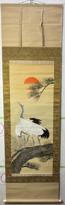 藏舊尋寶屋】老日本畫家作落款「雙鶴圖」水墨畫掛軸/畫軸《絹本·手繪