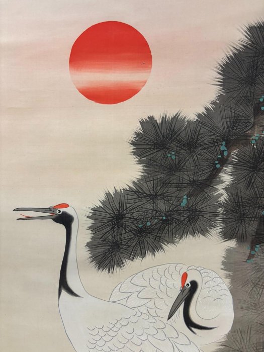 嚴選華石款《松鶴長春圖》，絹本單色裝裱，尺寸公分，骨質軸頭齊全，包