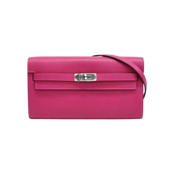 HERMES 愛馬仕 粉紅玫瑰墨西哥色 Chevre山羊皮 Kelly To Go Wallet 肩背包 B刻 銀釦 【二手名牌BRAND OFF】