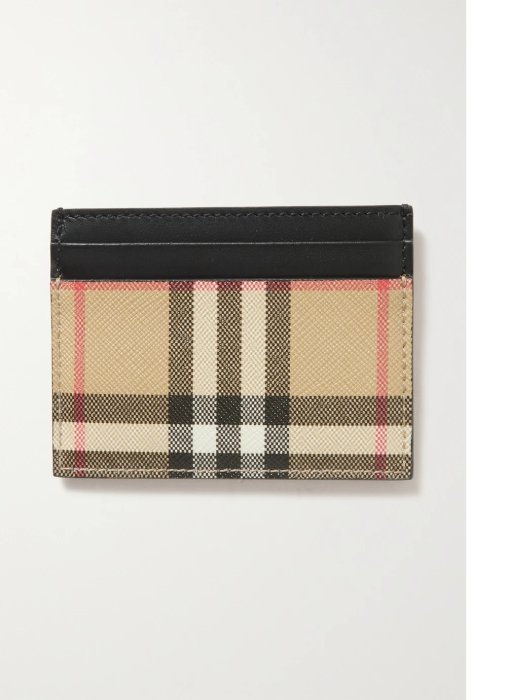 【BURBERRY 巴寶莉】經典格紋Vintage 拼皮革卡片夾名片夾 (卡其/黑)